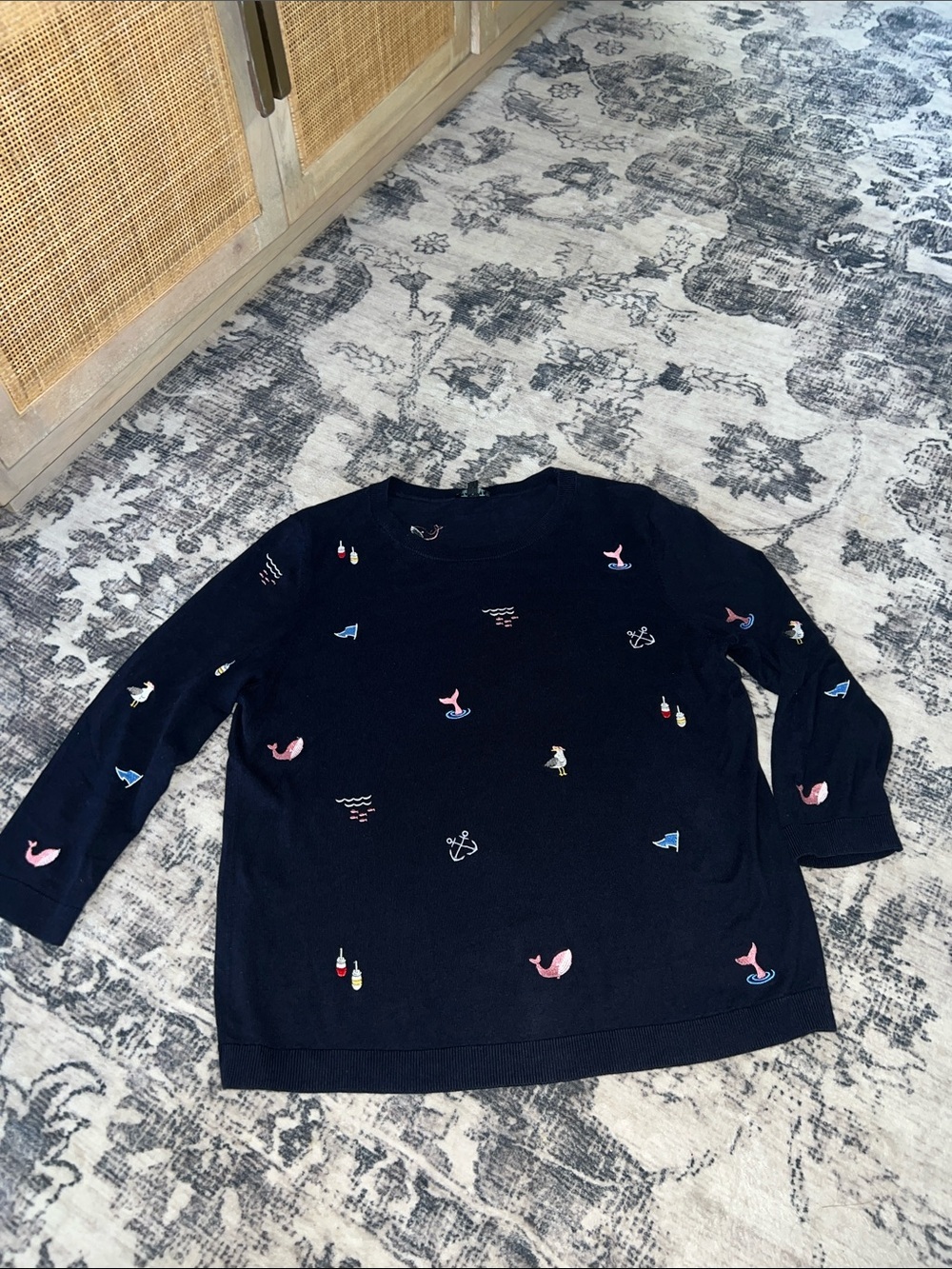 Cotton blend sweater, Talbots nautical embroidered three-quarter sleeve sweater